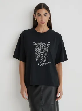 Black Acid Wash Leopard Motif T-Shirt- Leo