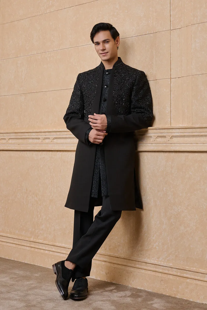 Black Layered Achkan With Placement Embroidery