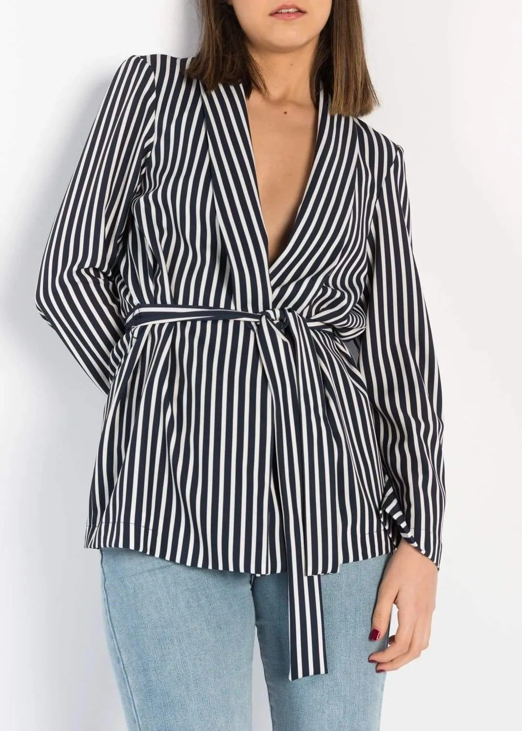 Black White Stripe Blazer Jacket with Collar and Wrapround Belt by Linu