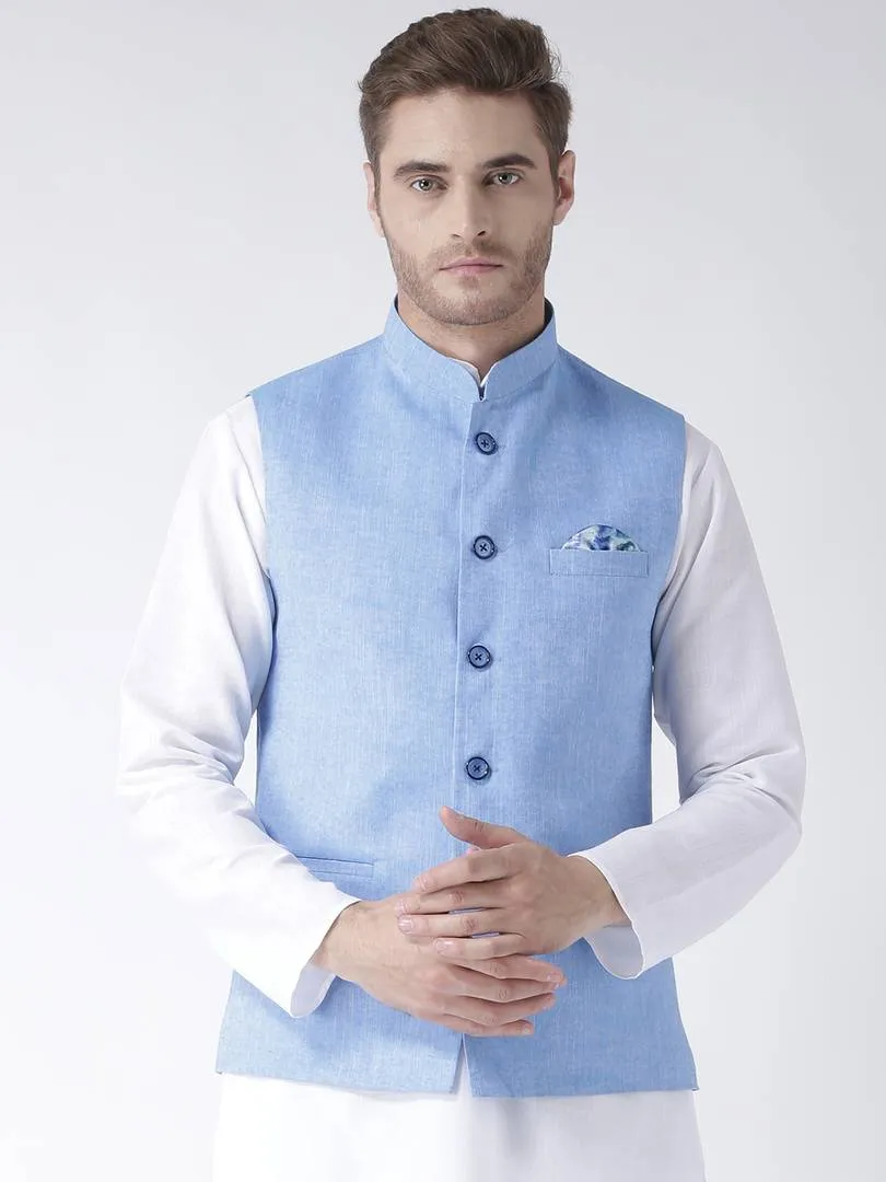 Blue Blended Solid Nehru Jackets for Men for Festive use.