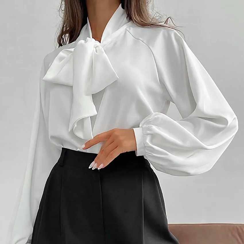 Bowknot Loose Commuting Satin Shirts Wholesale Womens Tops