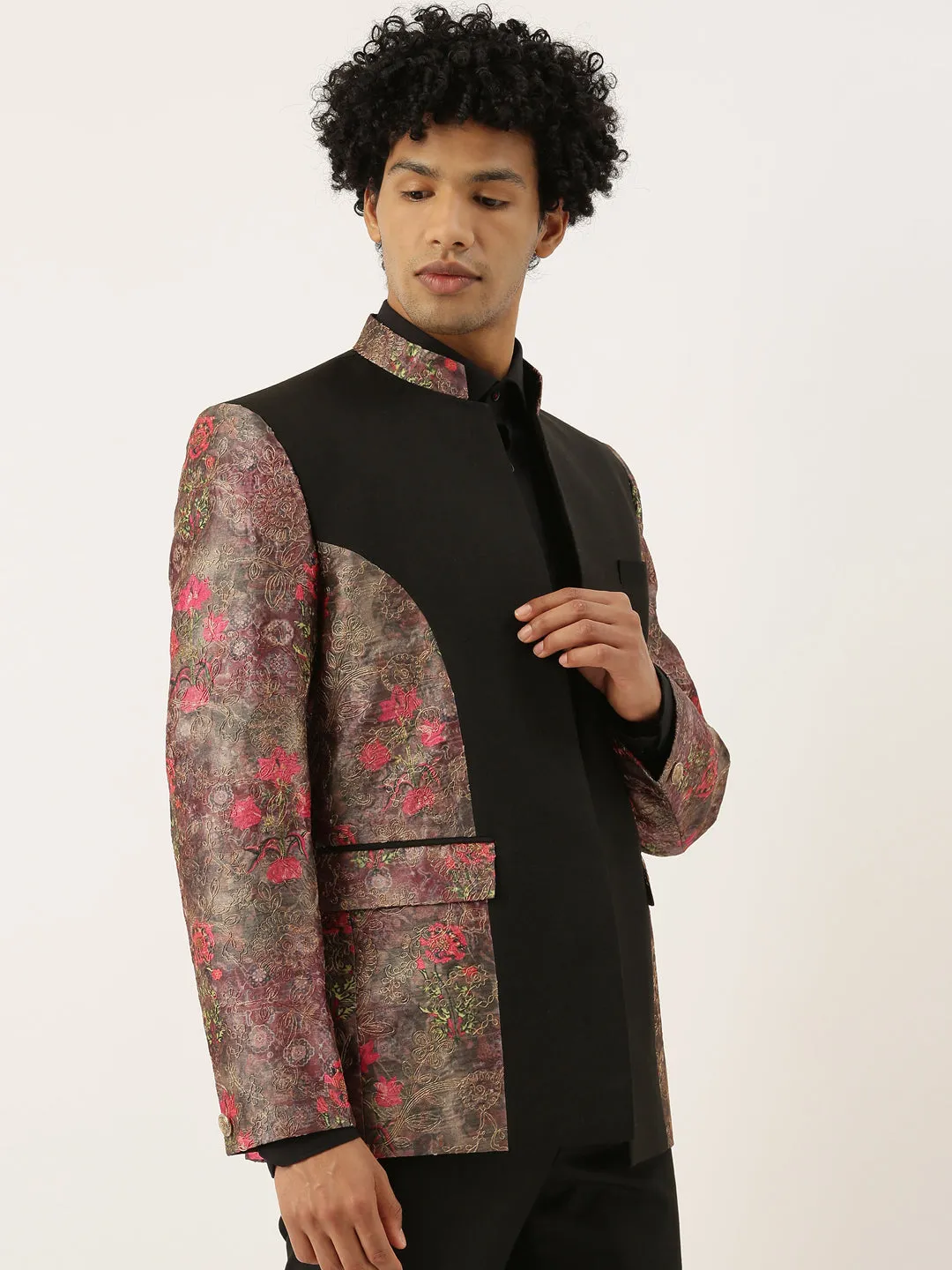 Chanderi Silk Printed Bandhgala Blazer - MMJ071