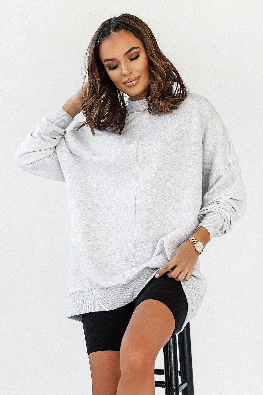 Cozy Chic Extended Cut Cotton Sweatshirt with Decorative Stitching