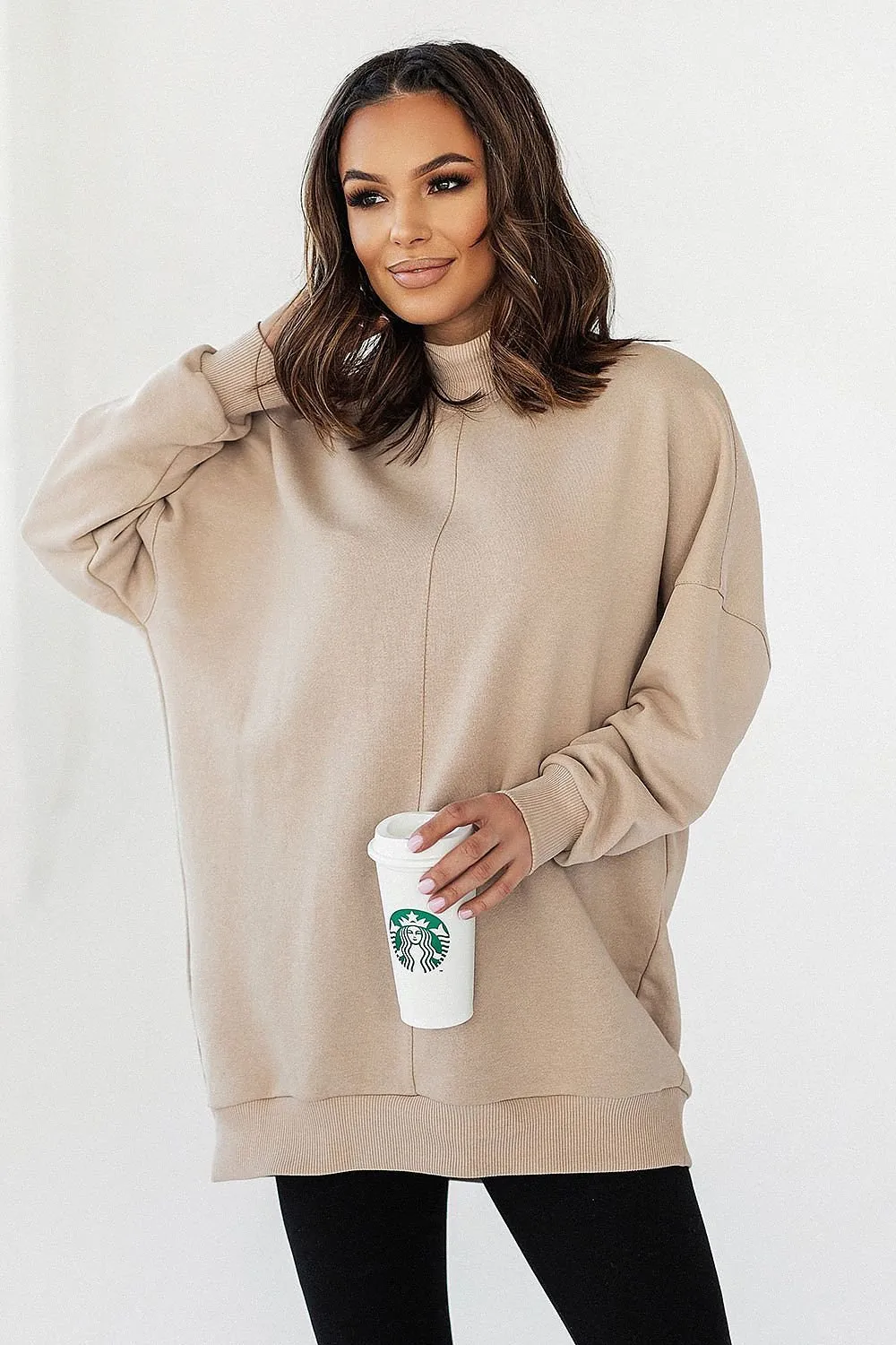 Cozy Chic Extended Cut Cotton Sweatshirt with Decorative Stitching