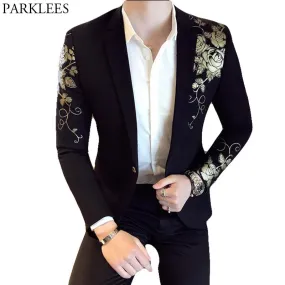 Gold Flower Print One Button Blazer Jacket Men 2023 Brand New Party Wedding Festival Stylish Slim Suit Blazer Men Costume Homme