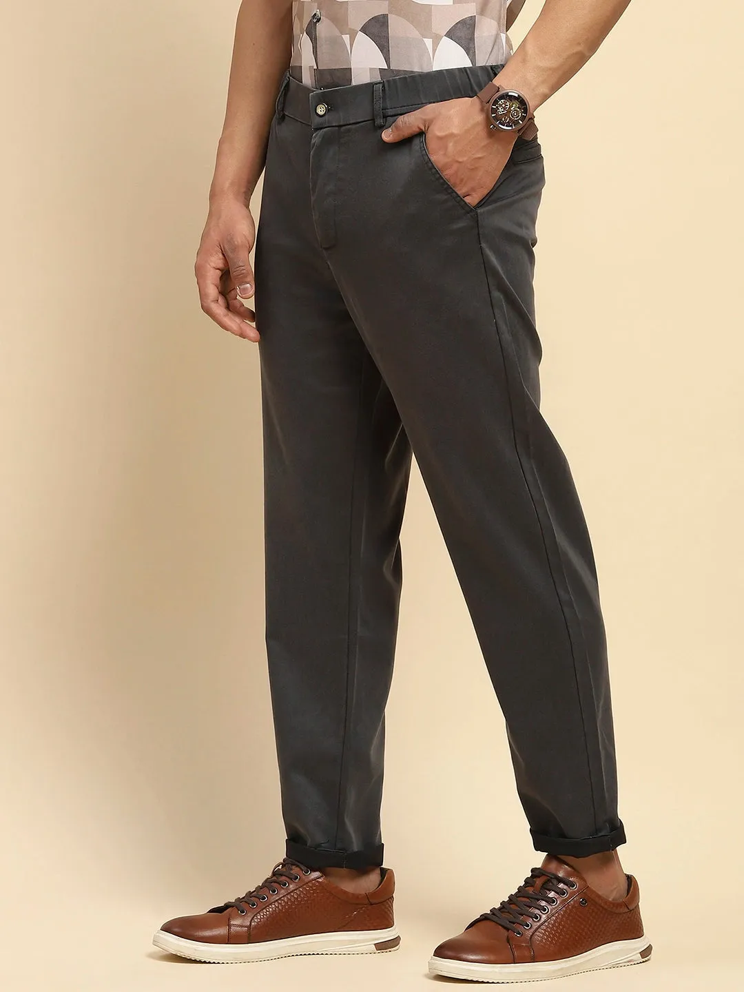 Grey Cotton Blend Slim Fit Trouser For Men