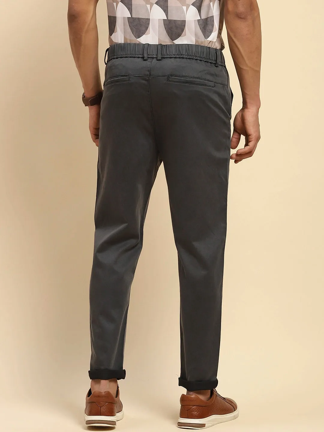 Grey Cotton Blend Slim Fit Trouser For Men