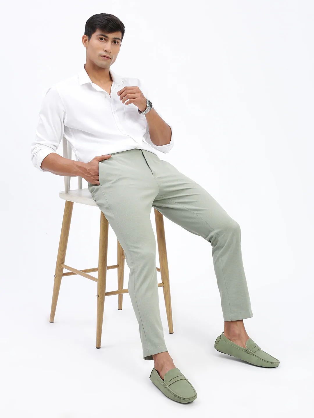 Men Solid Green Formal Trousers