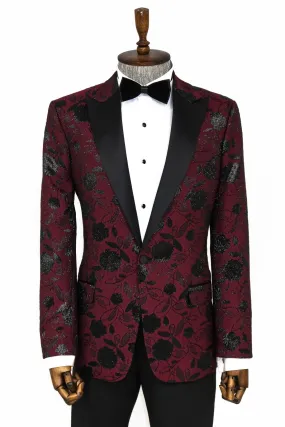 Men's Burgundy Blazer with Black Floral Design