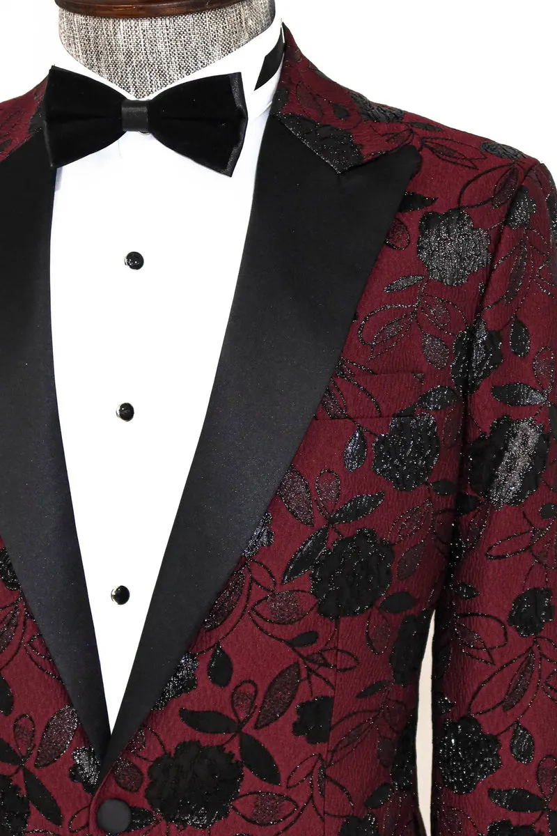 Men's Burgundy Blazer with Black Floral Design