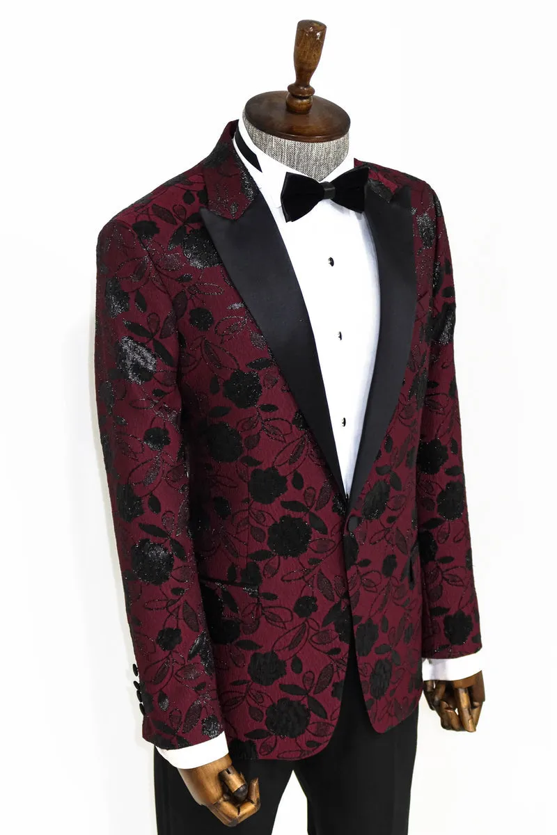 Men's Burgundy Blazer with Black Floral Design