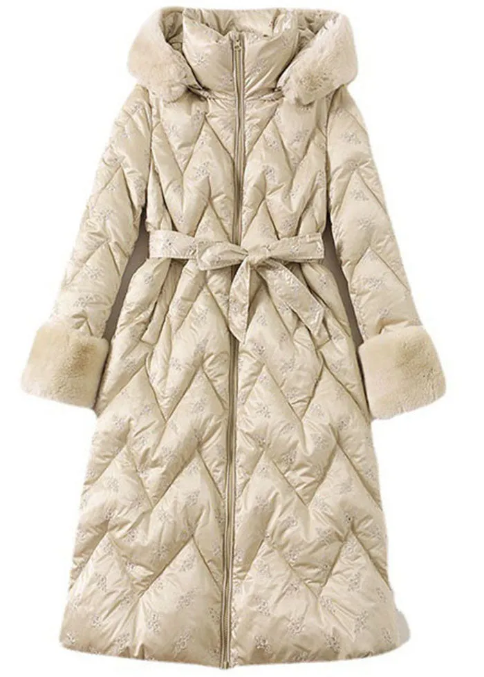 Modern Beige Hooded Rabbit Hair Collar Duck Down Down Coats Winter