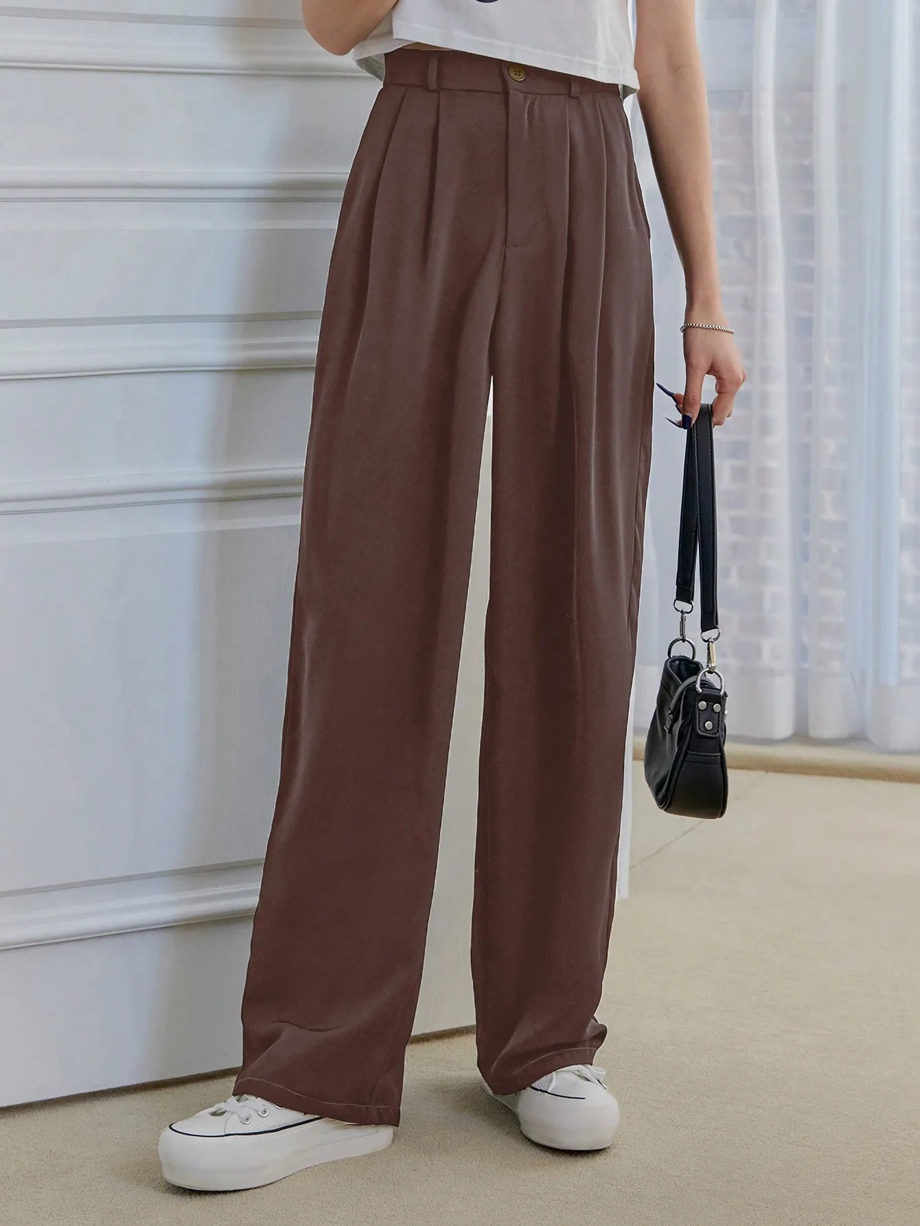 Pleated Straight Leg Loose Fit Casual Pant