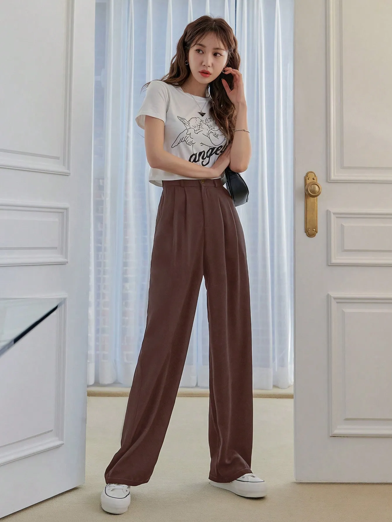 Pleated Straight Leg Loose Fit Casual Pant