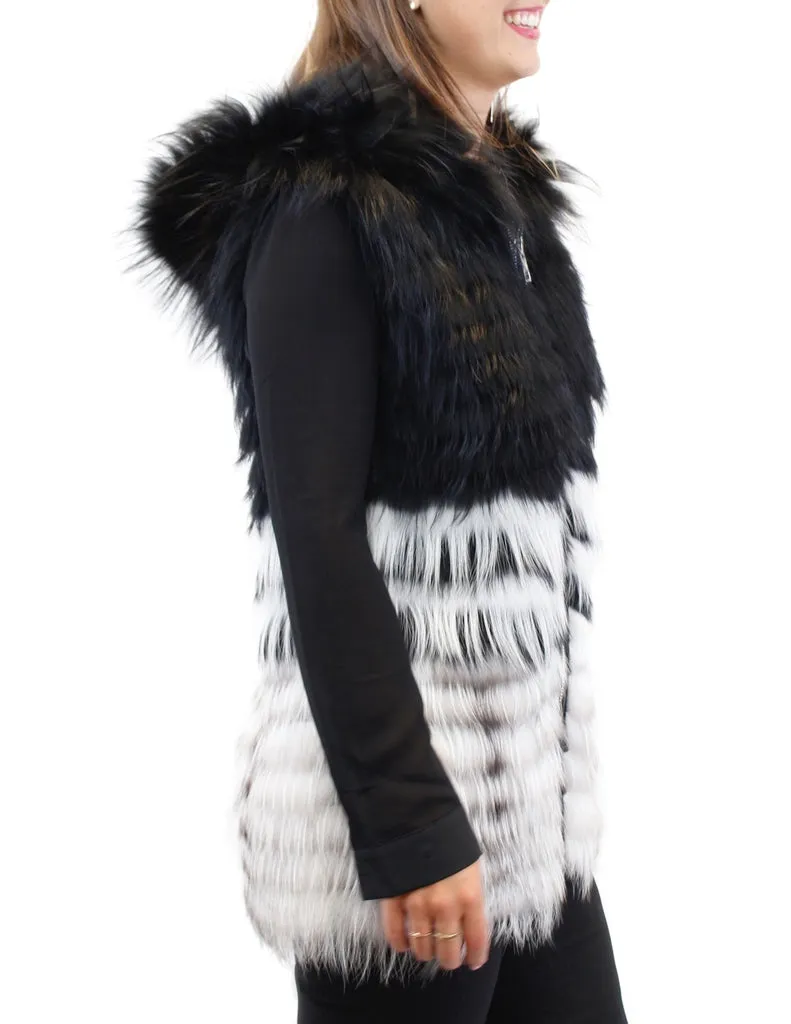 RIZAL - HOODED BLACK & WHITE FEATHERY LAYERED RACCOON FUR VEST