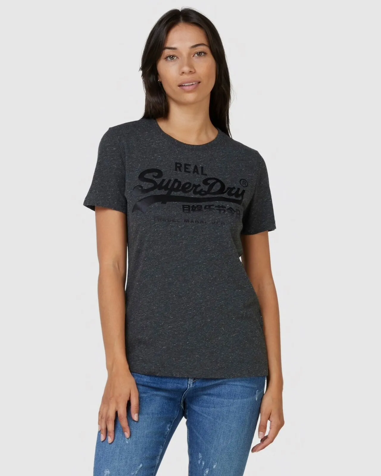 SUPERDRY VL TONAL SATIN TEE IN BLACK SNOWY