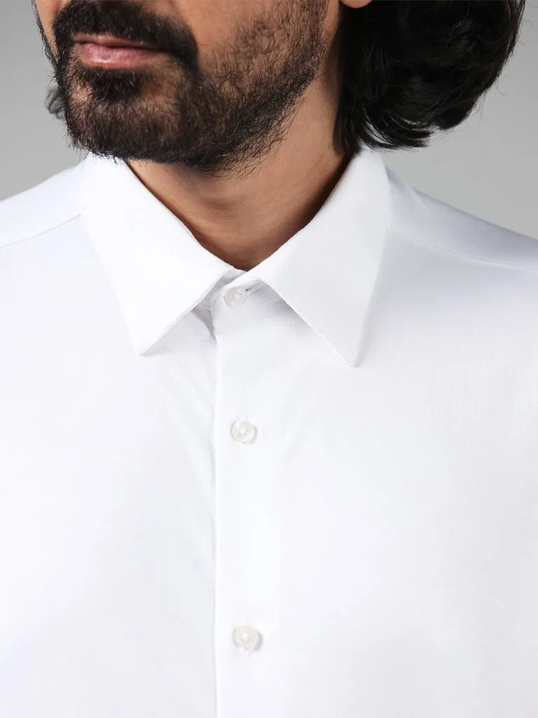 WES Formals Solid White Cotton-Blend Slim-Fit Shirt